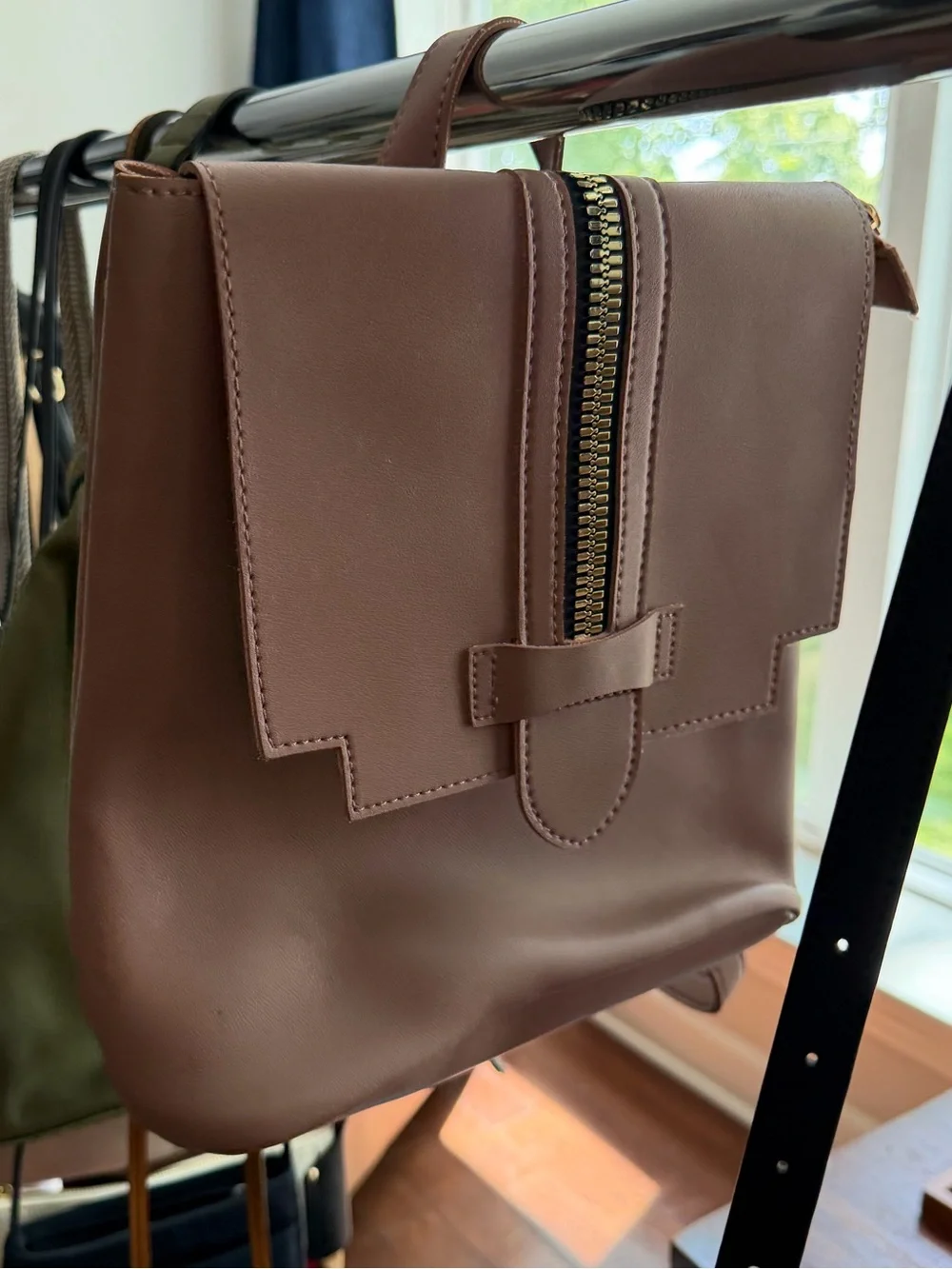 Women's Mauve Faux Leather Backpack with Gold Zip Accent - Picture 1 of 4